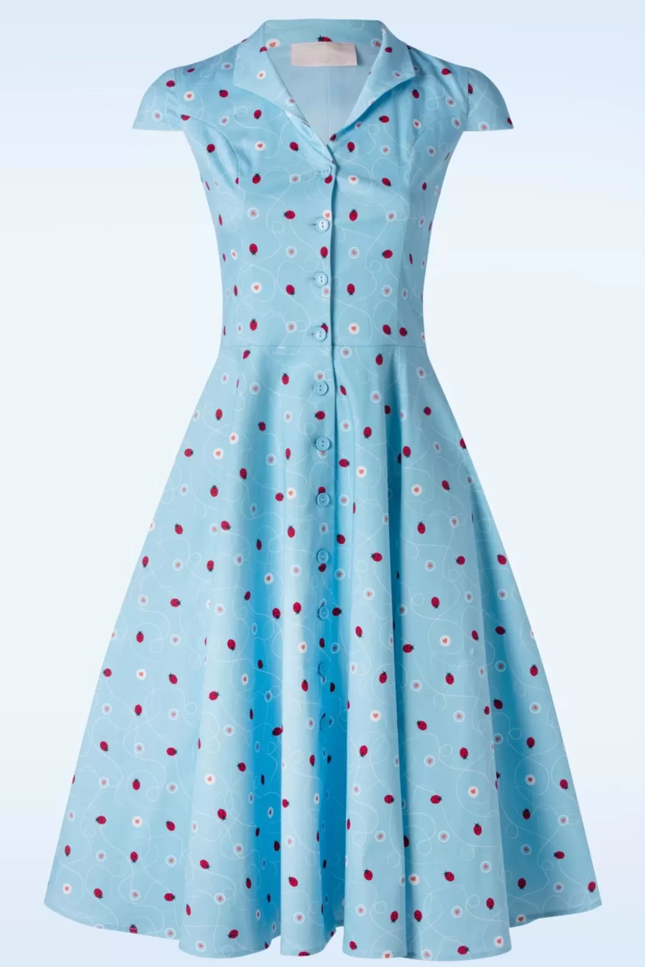Swing Jurken | Topvintage Boutique Collection Topvintage Exclusive ~ Angie Swing Jurk In Licht Blauw Met Lieveheersbeestjes Print