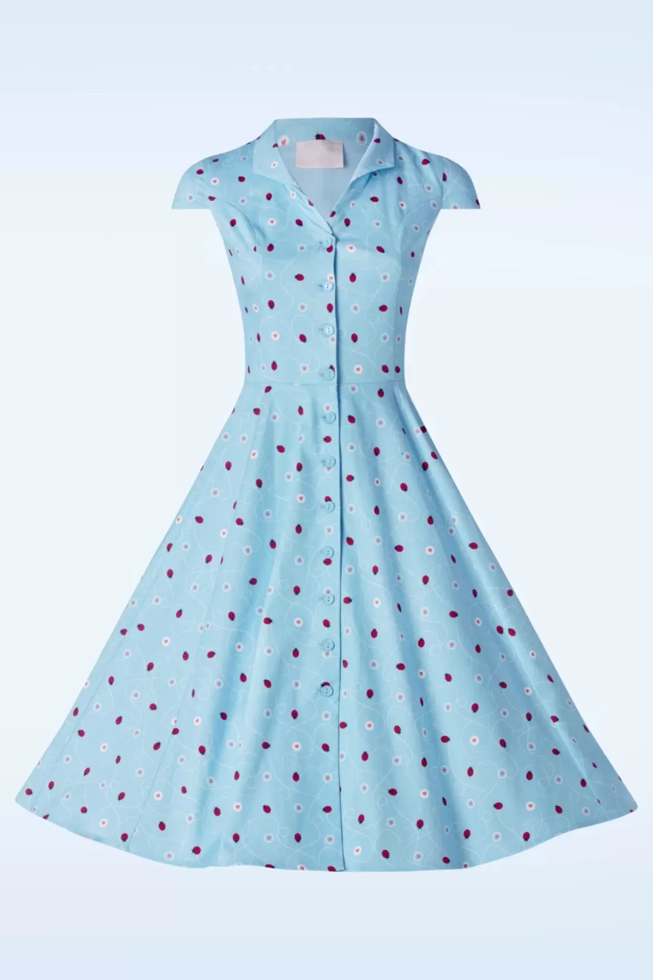 Swing Jurken | Topvintage Boutique Collection Topvintage Exclusive ~ Angie Swing Jurk In Licht Blauw Met Lieveheersbeestjes Print
